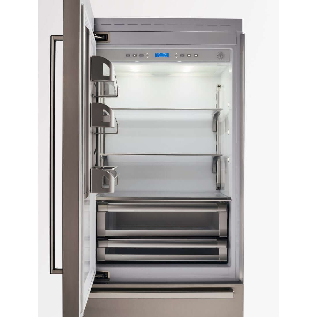 Refrigerador Bertazzoni Heritage 596 Litros 90cm-Abertura Esquerda refrigerador de embutir French Door em inox 2 portas com puxadores retangulares