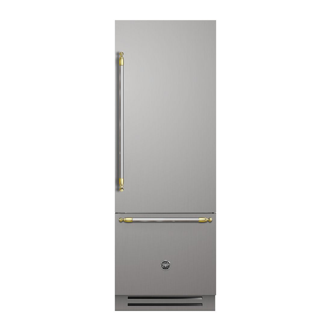 Refrigerador Bertazzoni Heritage 473 Litros 75cm-Abertura Direita refrigerador bottom freezer em inox escovado com puxadores retangulares dourados