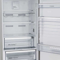 Refrigerador Tecno Professional Side by Side 658 Litros Inox 122cm mostrando interior em inox com 2 portas, prateleiras de vidro e puxadores tubulares