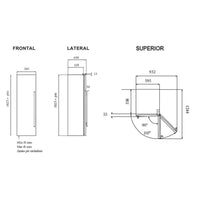 Refrigerador Tecno Professional 380 Litros Inox 60cm refrigerador de embutir desenho técnico com vista frontal, lateral e superior mostrando medidas e puxador