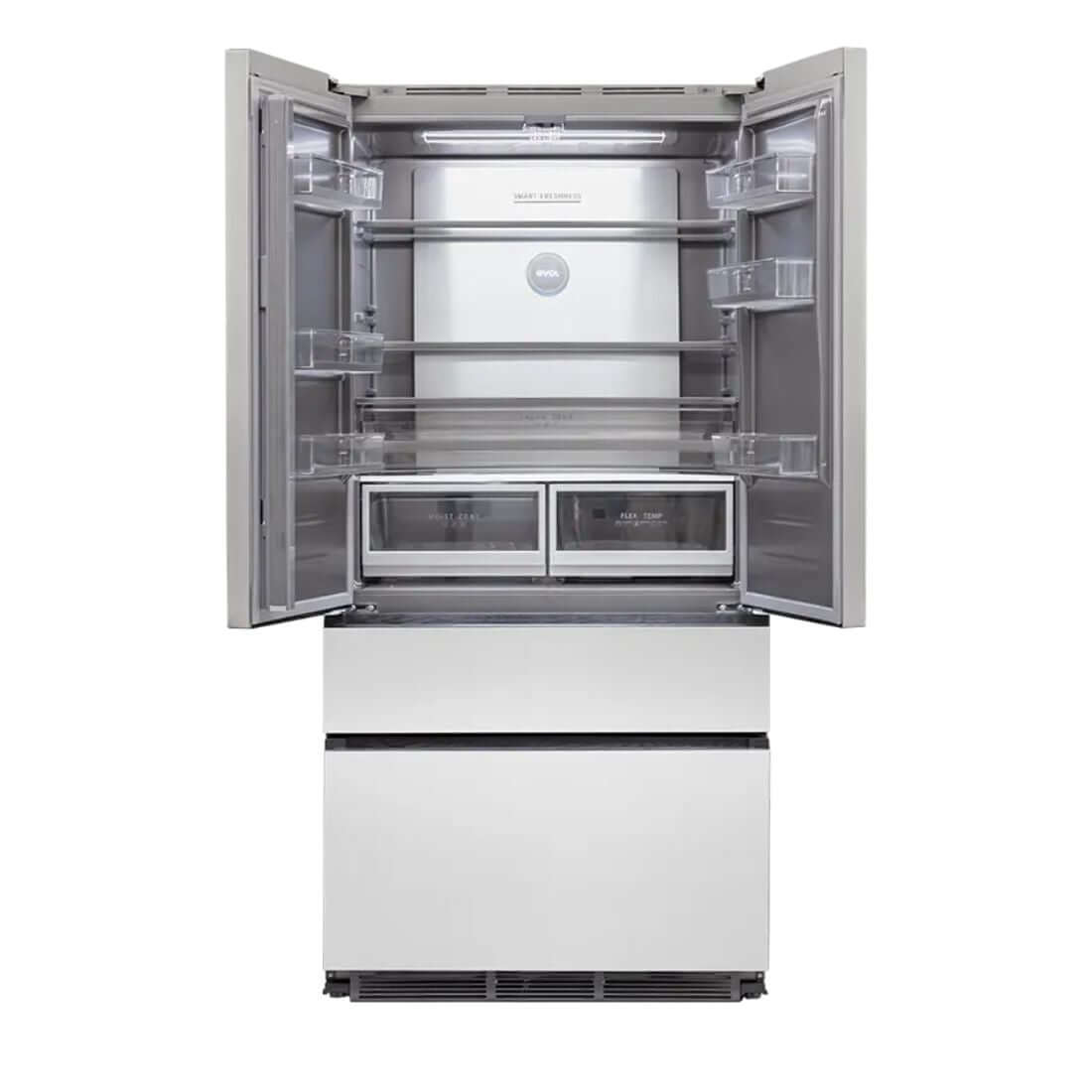  Refrigerador Evol French Door 521 Litros Inox 91cm com portas abertas mostrando compartimentos e gavetas do freezer