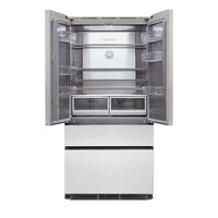  Refrigerador Evol French Door 521 Litros Inox 91cm com portas abertas mostrando compartimentos e gavetas do freezer