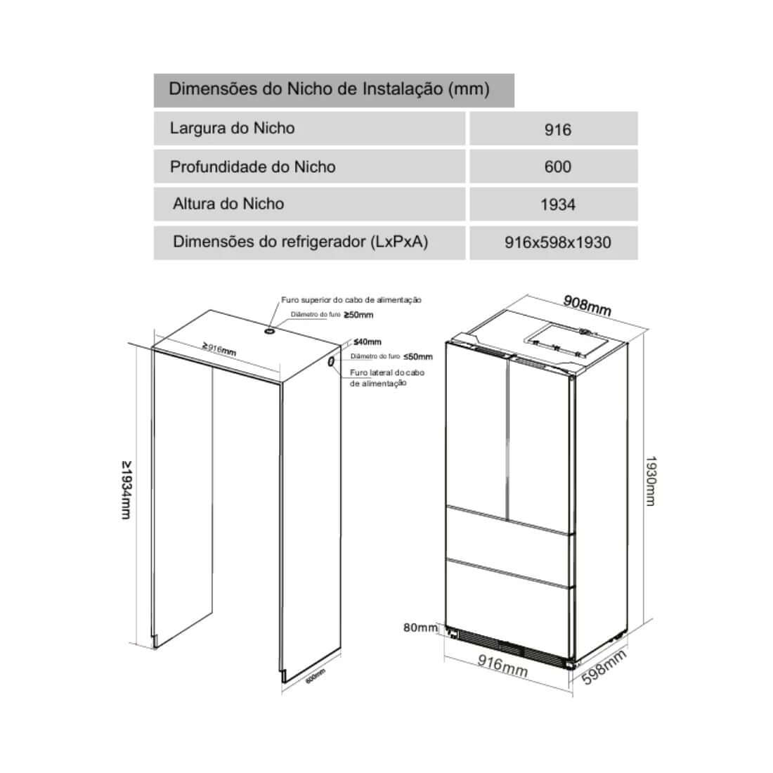 Refrigerador Evol French Door 521 Litros Inox 91cm — diagrama de dimensões e nicho de instalação (916x598x1930 mm)