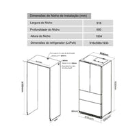 Refrigerador Evol French Door 521 Litros Inox 91cm — diagrama de dimensões e nicho de instalação (916x598x1930 mm)