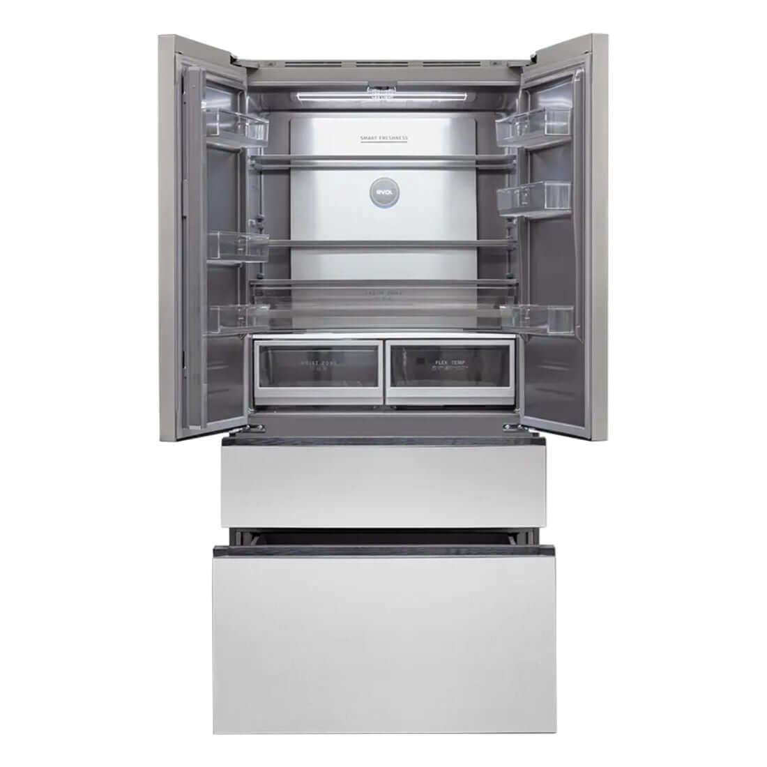 Refrigerador Evol French Door 521 Litros inox 91cm com portas abertas mostrando prateleiras e gavetas do freezer