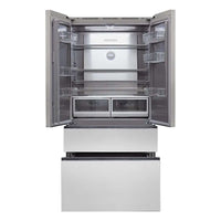 Refrigerador Evol French Door 521 Litros inox 91cm com portas abertas mostrando prateleiras e gavetas do freezer