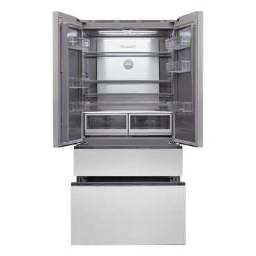 Refrigerador Evol French Door 521 Litros inox 91cm com portas abertas mostrando prateleiras e gavetas do freezer