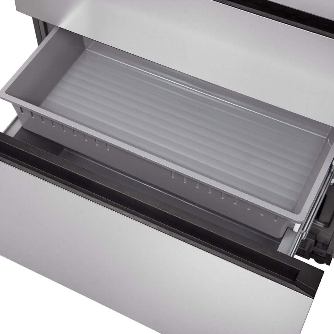 Refrigerador Evol French Door com gaveta de freezer aberta 521L inox 91cm mostrando compartimento interno