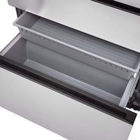 Refrigerador Evol French Door 521 litros inox 91cm gaveta freezer inferior aberta mostrando compartimentos