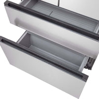 Refrigerador Evol French Door 521L inox com duas gavetas de freezer inferiores abertas mostrando interior e puxadores