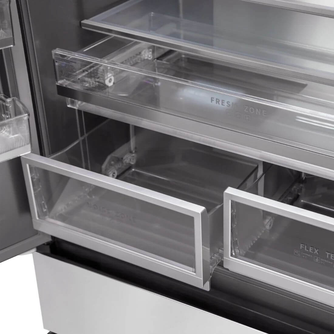 Refrigerador Evol French Door 521L inox 91cm mostrando gavetas internas do freezer e compartimentos flexíveis