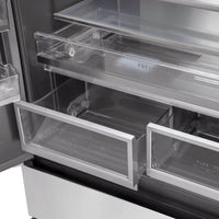 Refrigerador Evol French Door 521L inox 91cm mostrando gavetas internas do freezer e compartimentos flexíveis