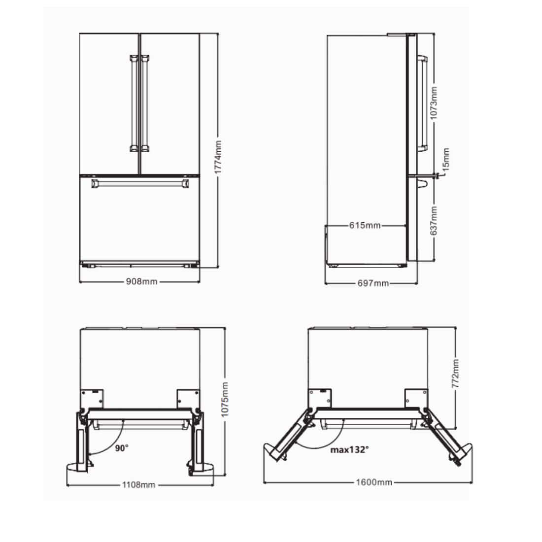 Refrigerador Evol French Door Moritz 572 Litros Inox 91cm desenho técnico com medidas frontais e laterais