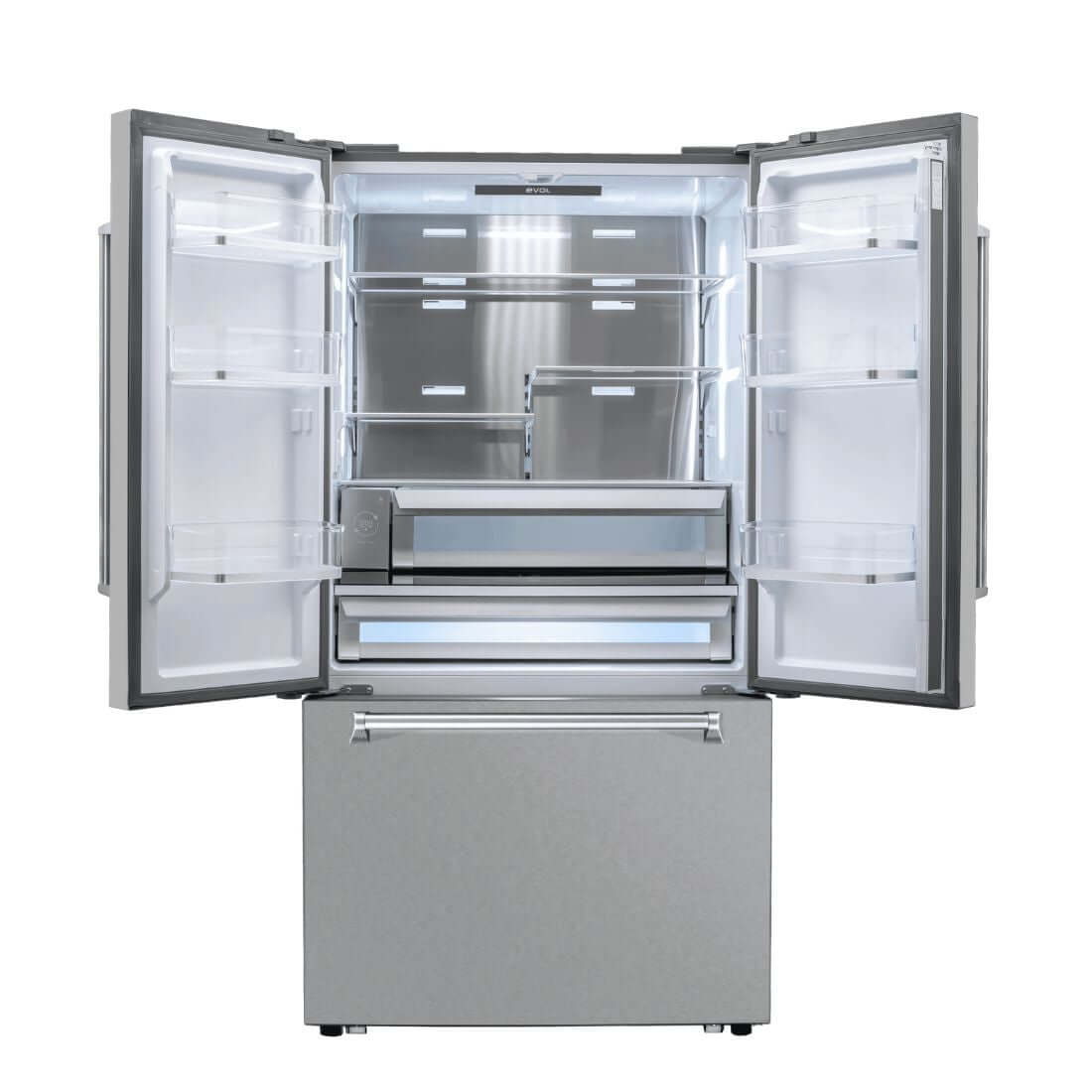 Refrigerador Evol French Door Moritz 572 Litros Inox 91cm com portas abertas, dispenser de água e ice maker integrados