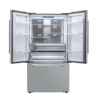 Refrigerador Evol French Door Moritz 572 Litros Inox 91cm com portas abertas, dispenser de água e ice maker integrados