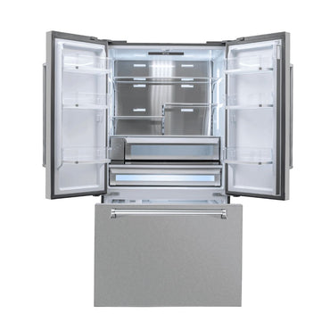 Refrigerador Evol French Door Moritz 572 Litros Inox 91cm com portas abertas, dispenser de água e ice maker integrados