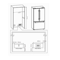 Refrigerador Evol French Door Moritz 572 Litros Inox 91cm desenho técnico com medidas e posição do ponto de água e rede elétrica