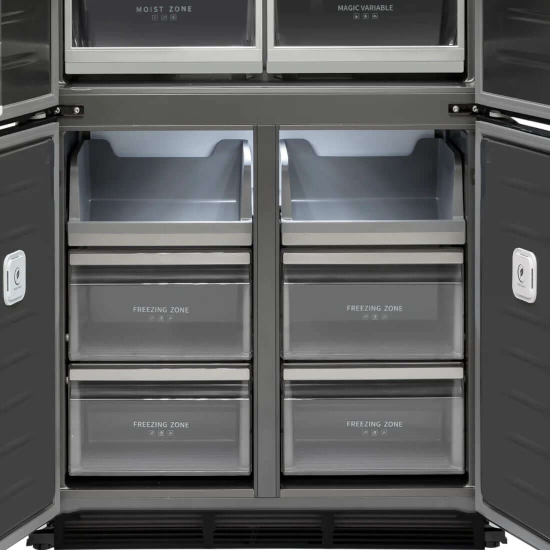 Refrigerador Evol Multi Door com portas abertas mostrando gavetas do freezer e zonas de congelamento em inox 504L