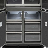 Refrigerador Evol Multi Door com portas abertas mostrando gavetas do freezer e zonas de congelamento em inox 504L