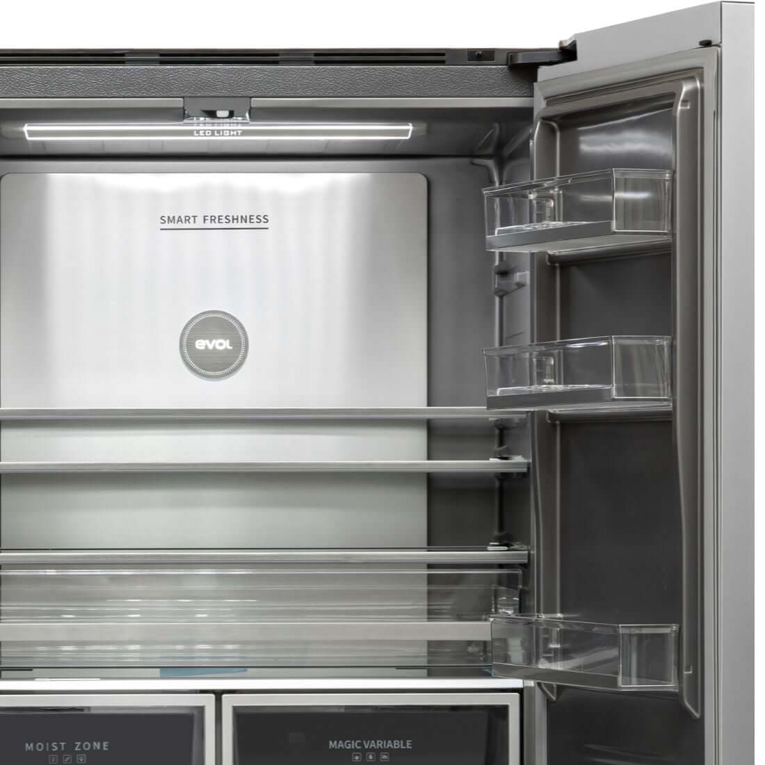 Refrigerador Evol Multi Door smart 504L inox 4 portas com interior Titanium e prateleiras de vidro