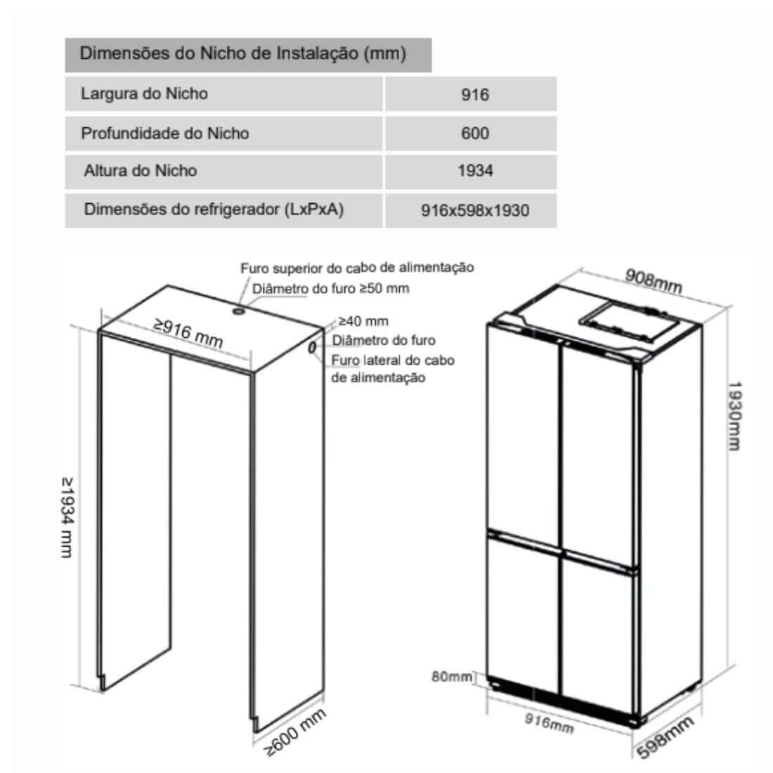 Refrigerador Evol Multi Door desenho técnico e dimensões de nicho 916x598x1930 mm para instalação