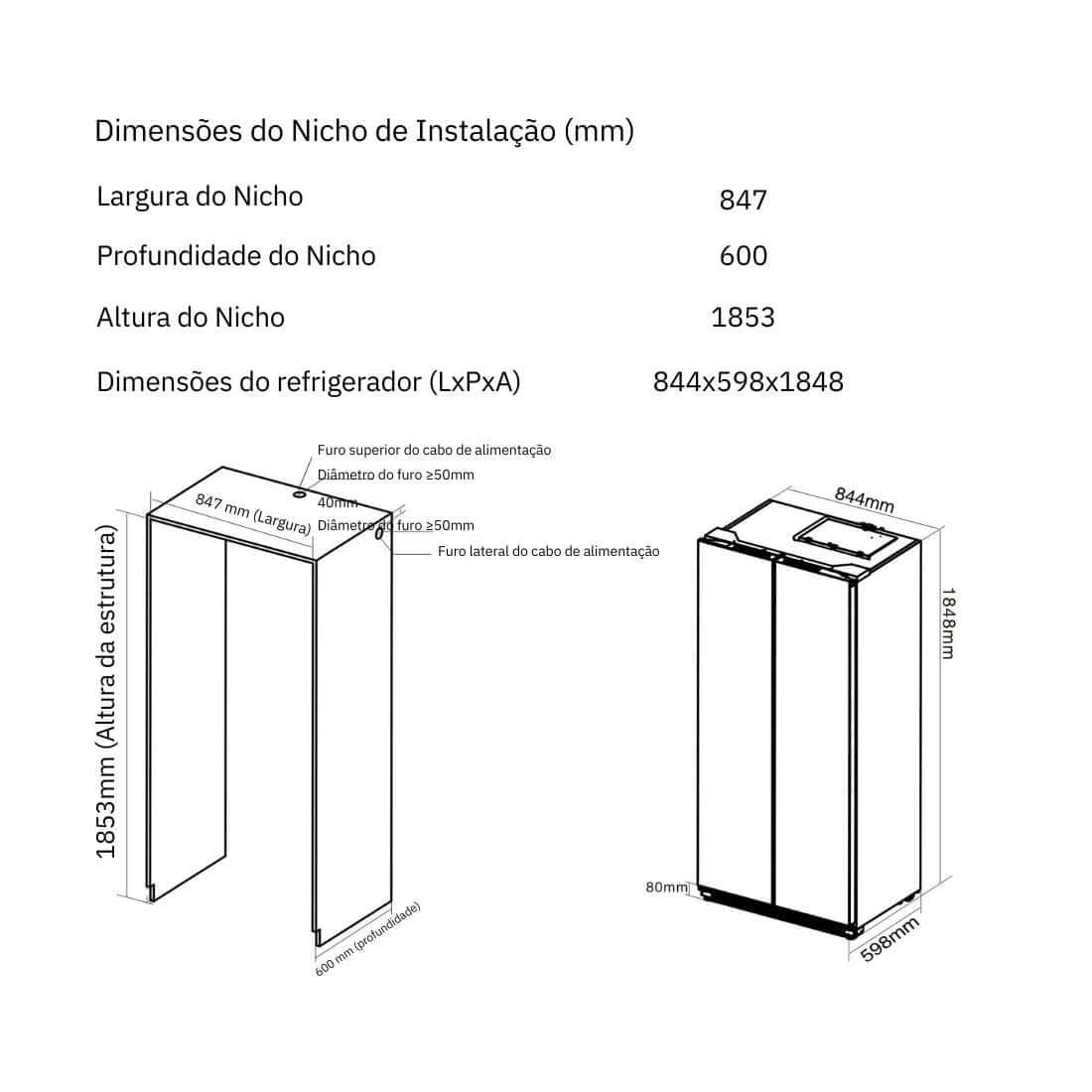 Refrigerador Evol Side by Side 436L inox vista das dimensões e nicho de instalação 847x600x1853mm