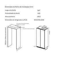 Refrigerador Evol Side by Side 436L inox vista das dimensões e nicho de instalação 847x600x1853mm