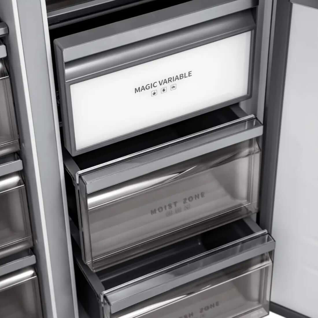 Refrigerador Evol Side by Side com gavetas Moist Zone e Magic Variable, acabamento inox embutir 436L 84cm