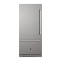 Refrigerador Bertazzoni Heritage 596 Litros 90cm-Abertura Esquerda refrigerador bottom freezer em inox escovado com puxadores retangulares dourados