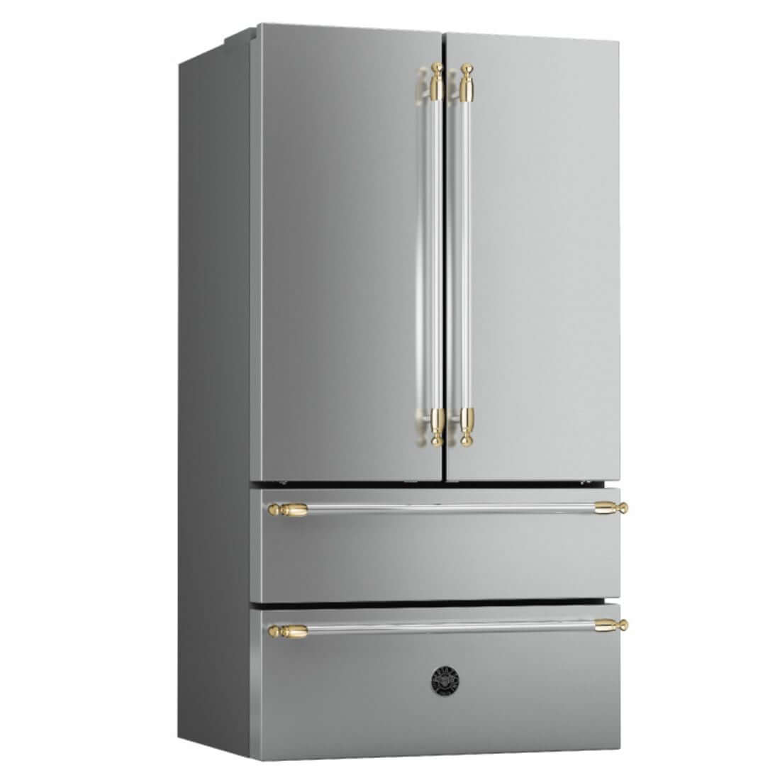 Refrigerador Bertazzoni Heritage French Door 636 Litros Inox 91cm em inox com portas French Door, duas gavetas inferiores e puxadores dourados