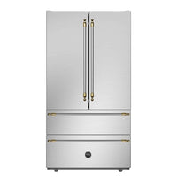Refrigerador Bertazzoni Heritage French Door 636 Litros Inox 91cm em inox com design French Door, duas portas superiores e duas gavetas inferiores com puxadores dourados