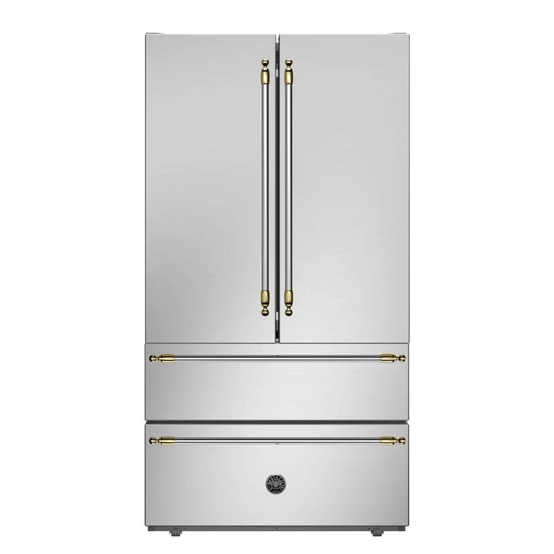 Refrigerador Bertazzoni Heritage French Door 636 Litros Inox 91cm em inox com design French Door, duas portas superiores e duas gavetas inferiores com puxadores dourados