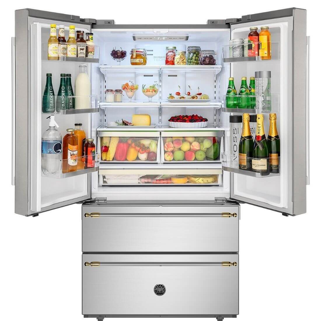 Refrigerador Bertazzoni Heritage French Door 636 Litros Inox 91cm aberto, acabamento inox, portas French Door, 2 gavetas inferiores e puxadores elegantes