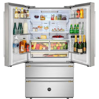 Refrigerador Bertazzoni Heritage French Door 636 Litros Inox 91cm aberto, acabamento inox, portas French Door, 2 gavetas inferiores e puxadores elegantes