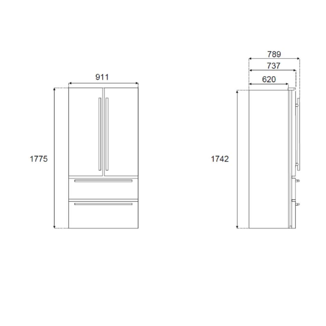 Refrigerador Bertazzoni Heritage French Door 636 Litros Inox 91cm em desenho técnico mostrando portas French Door, duas gavetas e medidas