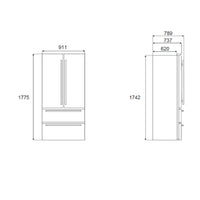Refrigerador Bertazzoni Heritage French Door 636 Litros Inox 91cm em desenho técnico mostrando portas French Door, duas gavetas e medidas
