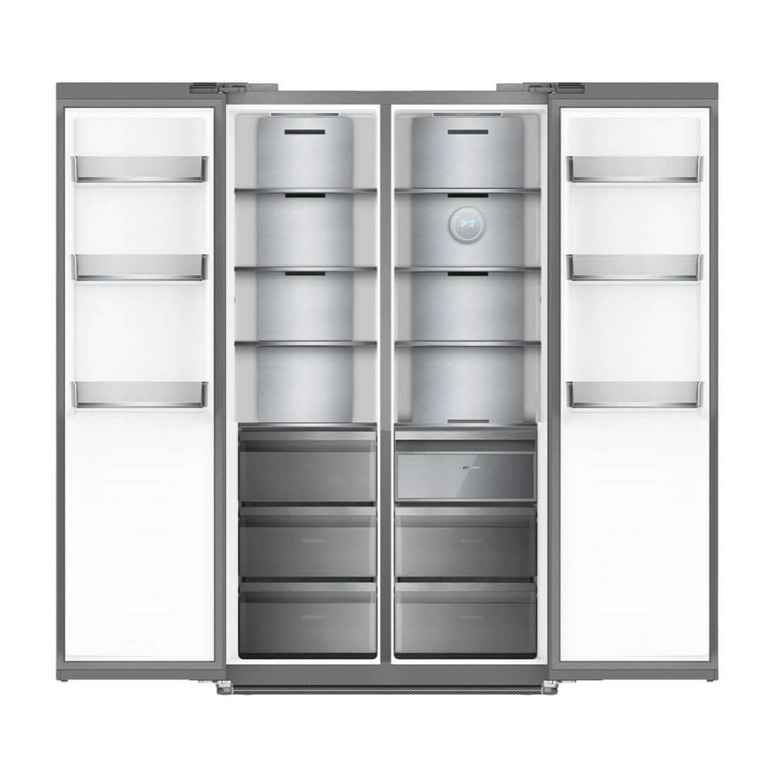 Refrigerador Side by Side Debacco 607 Litros Inox, espaço otimizado com prateleiras e gavetas internas.