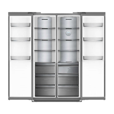 Refrigerador Side by Side Debacco 607 Litros Inox, espaço otimizado com prateleiras e gavetas internas.