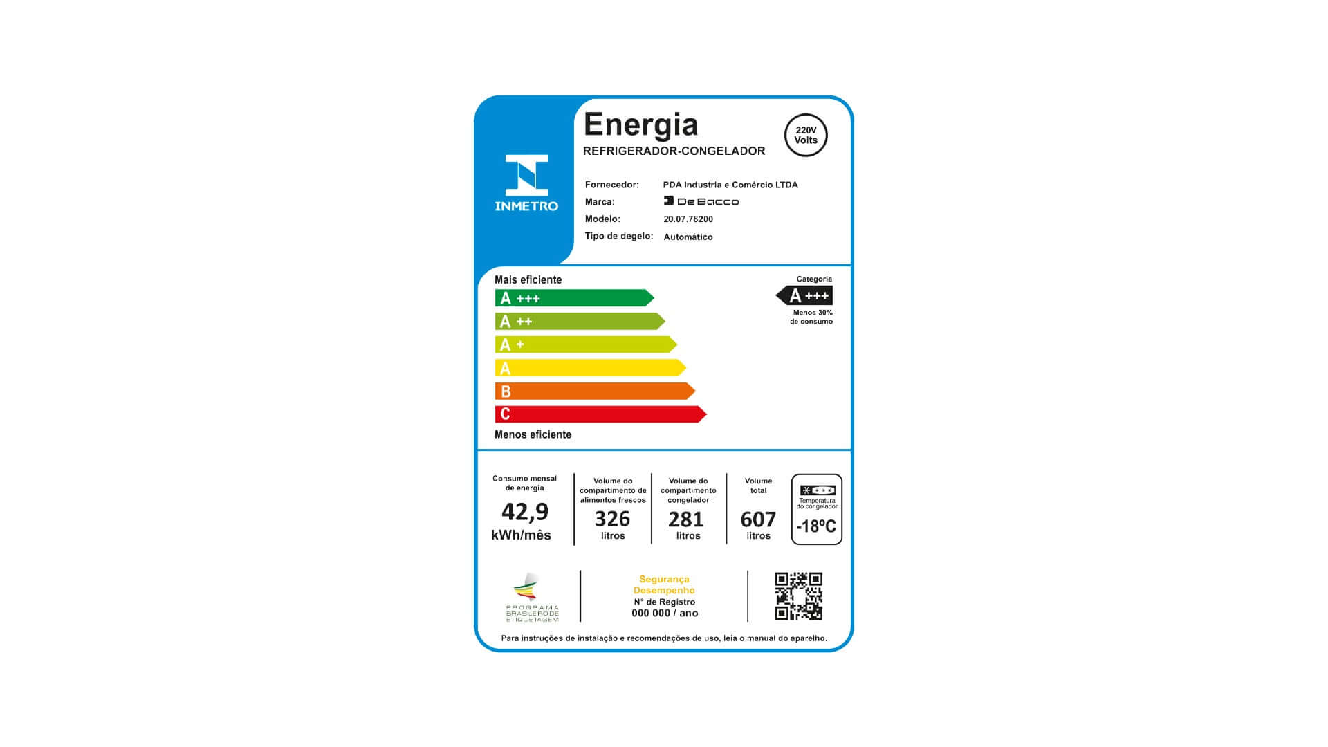 Etiqueta de eficiência energética do Refrigerador Side by Side Debacco 607 Litros, mostrando consumo de energia e capacidade.