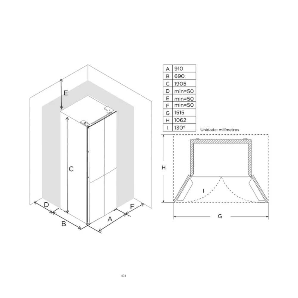 Refrigerador Debacco 600 Litros Inox 91cm refrigerador de embutir com acabamento inox, quatro portas e medidas técnicas na planta