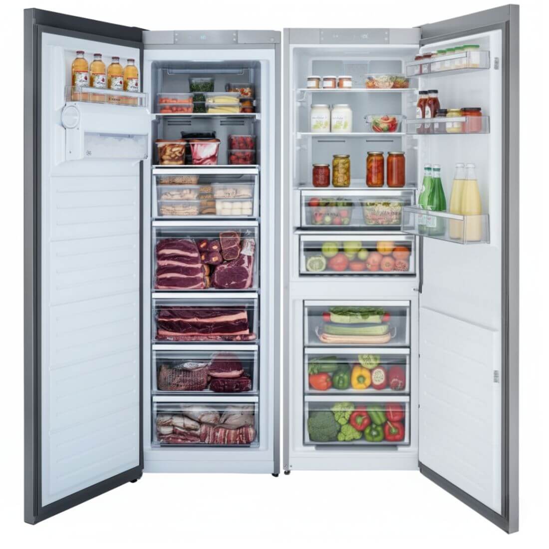 Refrigerador Tecno Professional Side by Side 658 Litros Inox 122cm: refrigerador side by side em inox com duas portas, puxadores tubulares e interior com gavetas e prateleiras