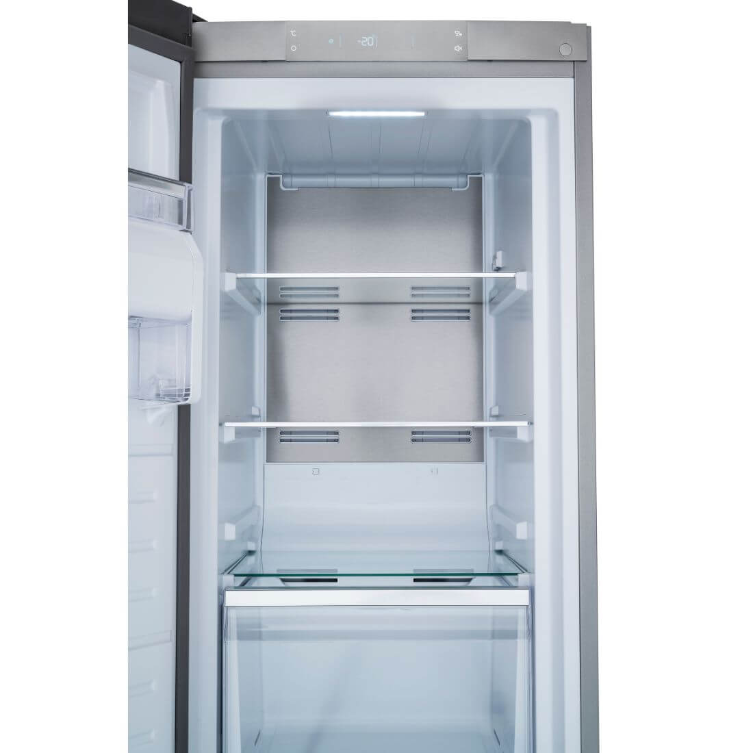 Refrigerador Tecno Professional Side by Side 658 Litros Inox 122cm - interior aberto em inox, 2 portas, prateleiras de vidro e puxadores tubulares visíveis