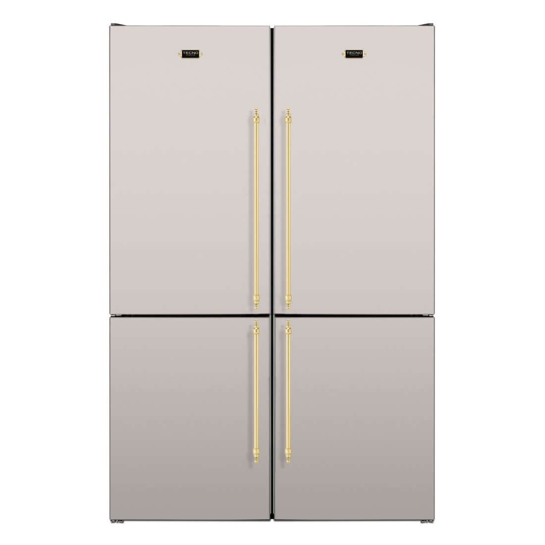 Refrigerador Tecno Vintage Bottom 648 Litros Inox 122cm com acabamento elegante e puxadores dourados.
