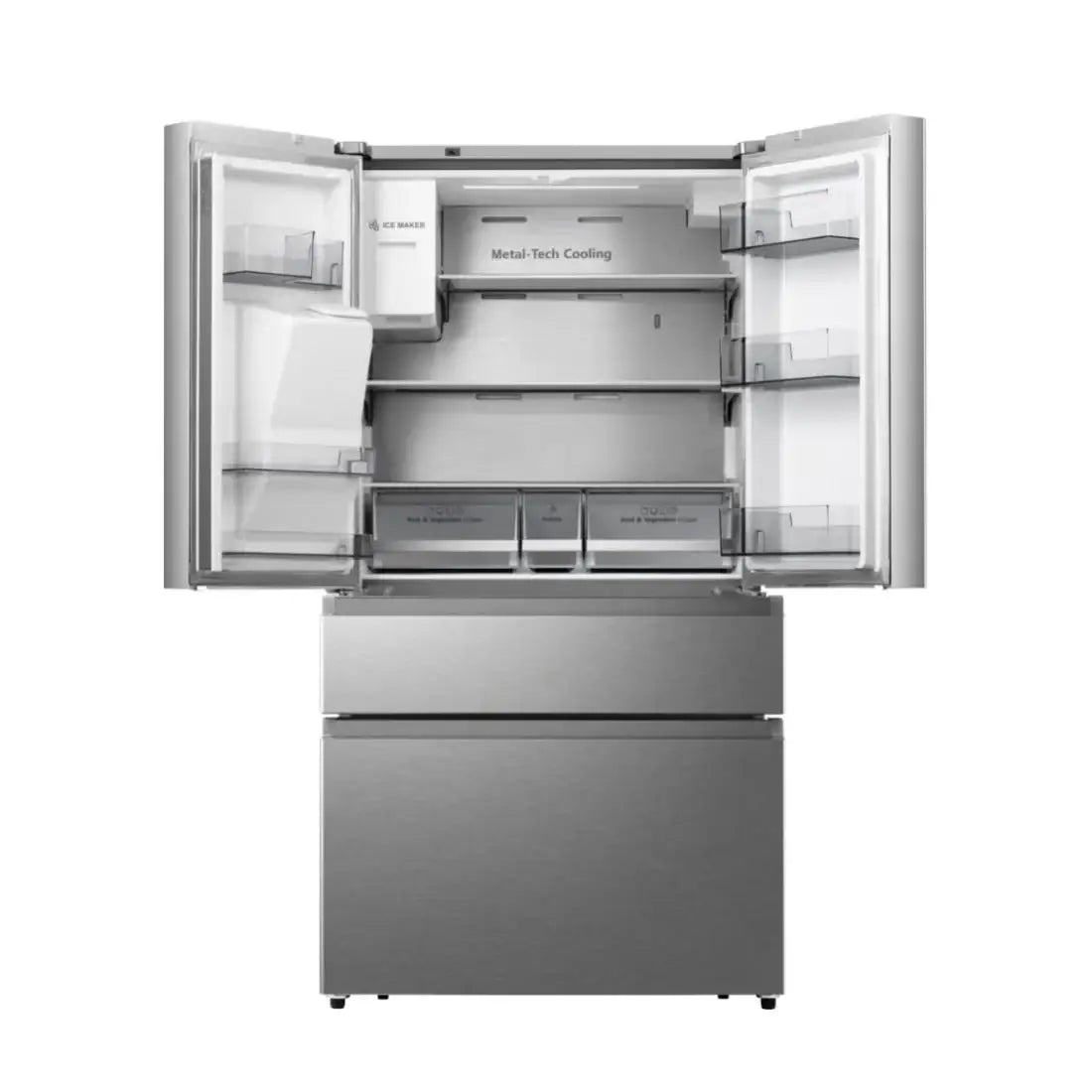 Refrigerador Gorenje French Door aberto com interior espaçoso e prateleiras em inox.