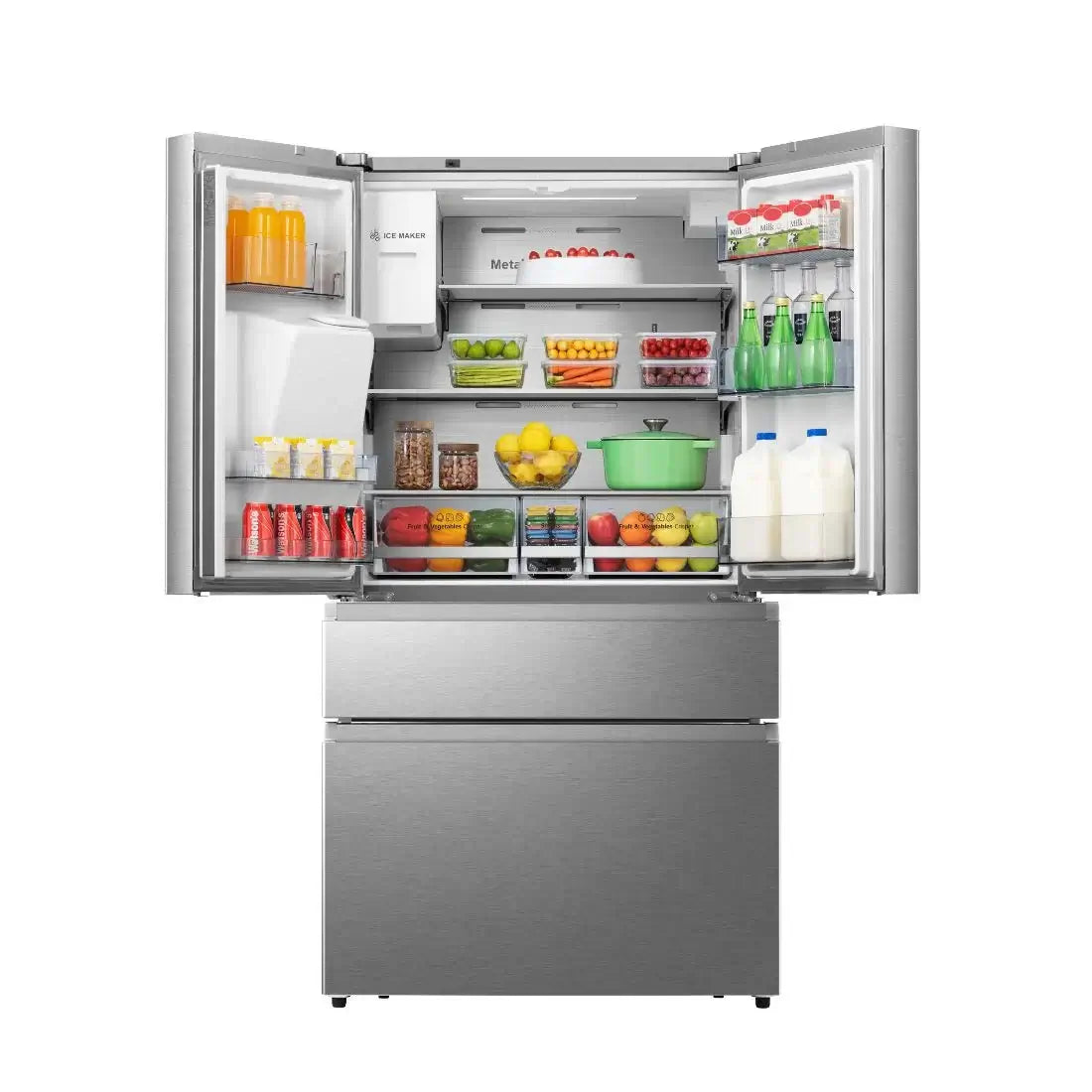 Refrigerador Gorenje French Door 466 Litros Inox 90cm com portas abertas, mostrando alimentos e bebidas organizados.