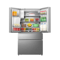 Refrigerador Gorenje French Door 466 Litros Inox 90cm com portas abertas, mostrando alimentos e bebidas organizados.