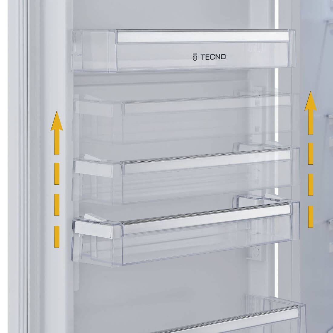 Alt Tag: Refrigerador Tecno para Revestir 303 litros porta interna com gavetas transparentes e ajuste door on door