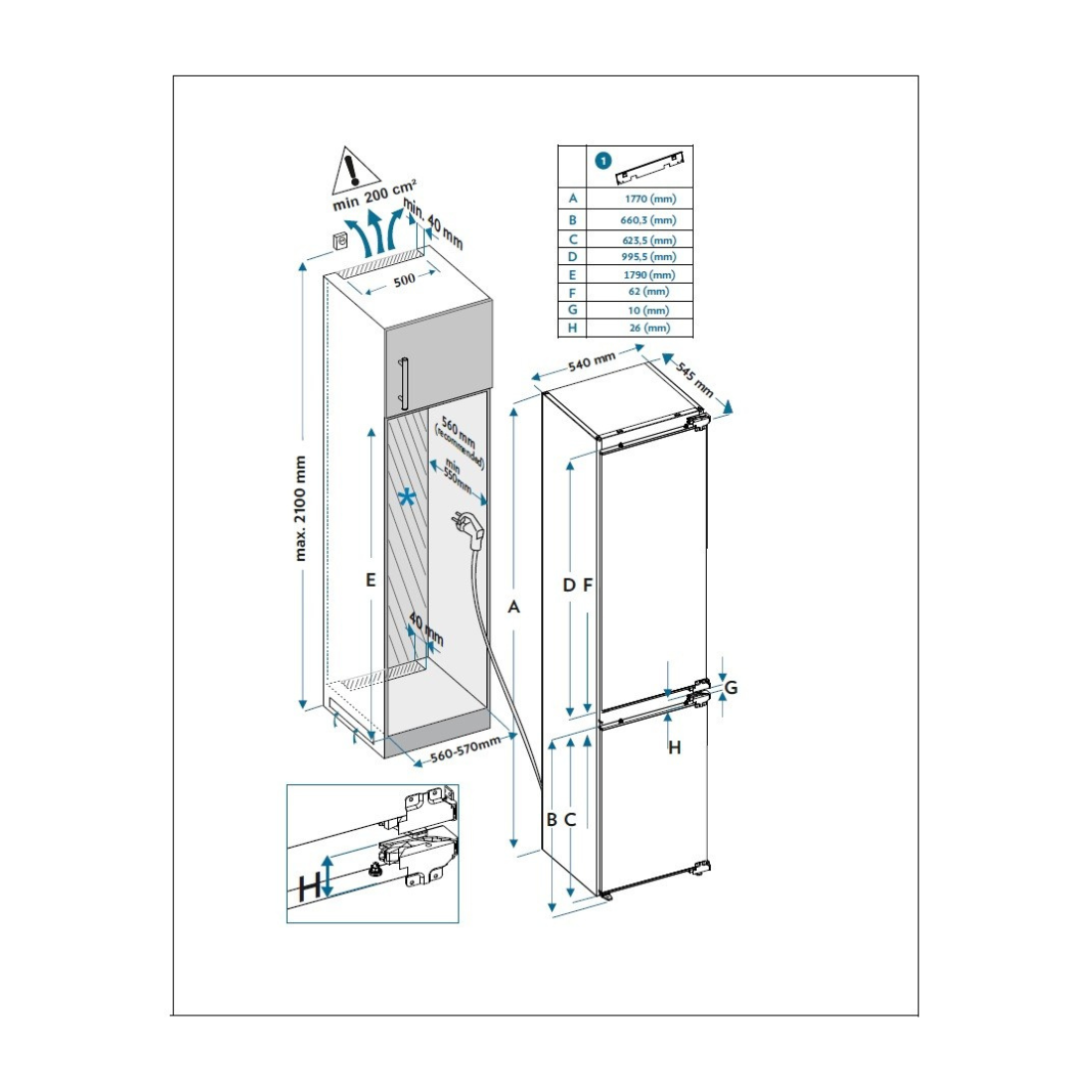 Refrigerador Bottom Freezer Tecno para Revestir 233 Litros 220V - Portas Reversíveis