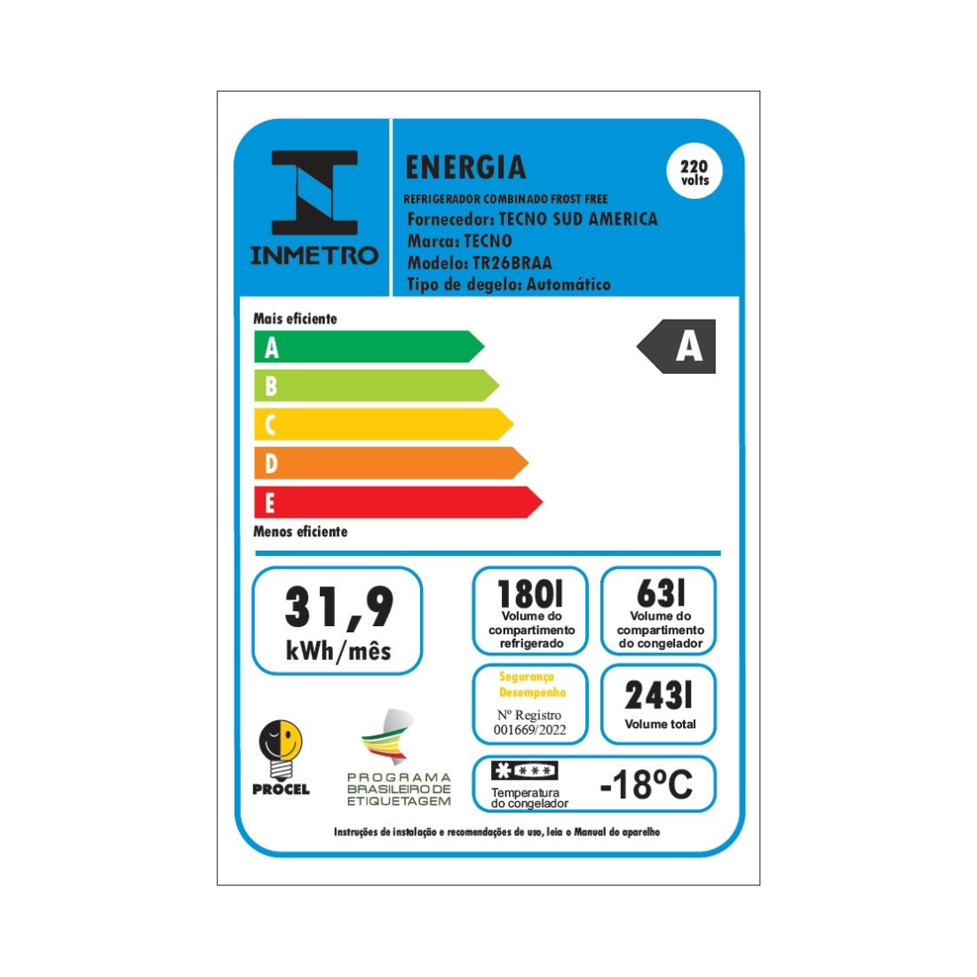 Refrigerador Bottom Freezer Tecno para Revestir 233 Litros 220V - Portas Reversíveis