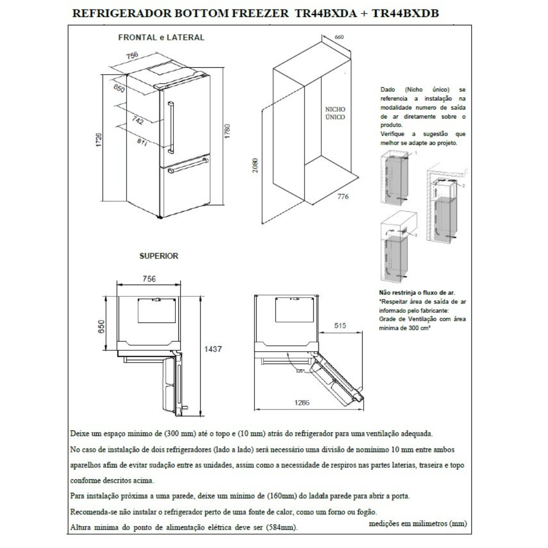 Refrigerador Bottom Freezer Professional de Embutir 445 Litros Inox 220V - Abertura para Direita